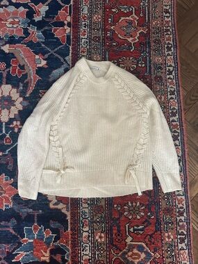 Abercrombie & Fitch Cream Cable-Trim Crew Sweater with Side Ties